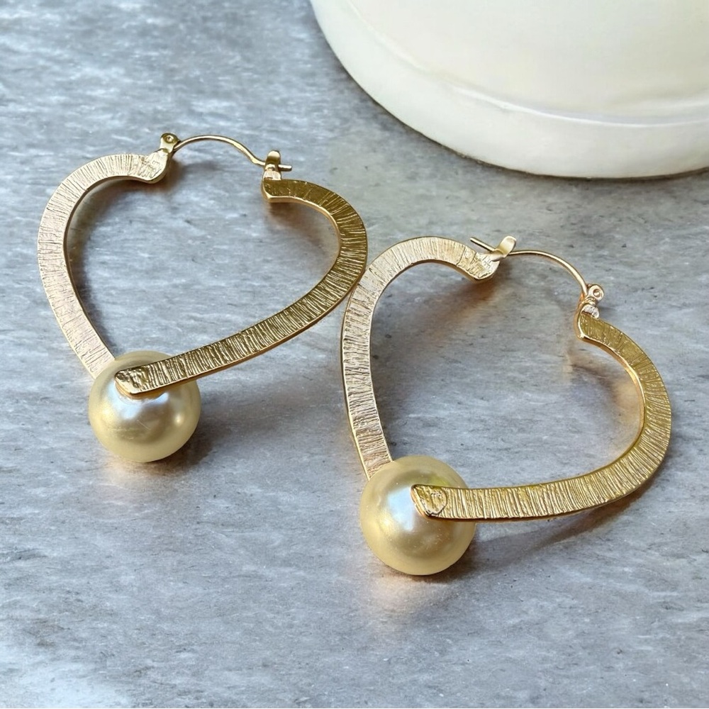 Gold Heart Hoop Pearl Earrings with Textured Finish